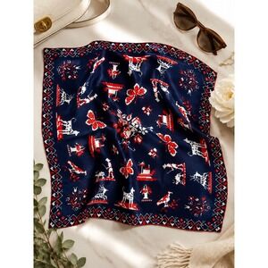 Vintage Sally Gee Silk Blend Scarf Navy Red White Pixel Art Novelty Print Japan